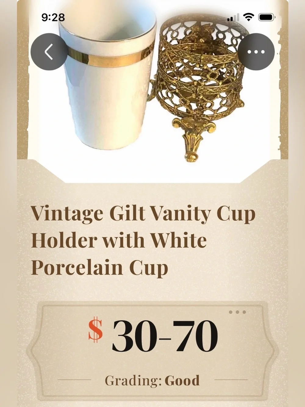 Vintage Gilt Vanity Cup Holder 4-5”